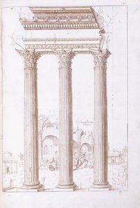 The columns of the temple of Castor and Pollux, with the temple of Peace in the background, c.1550