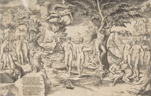 Cupid in the Elysian Fields Tied to a Tree in the Centre, Surrounded by Many Figures by Giulio Bonasone