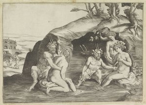 Three Nymphs and Two Satyrs Bathing by Giulio Bonasone
