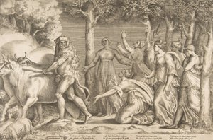 Hercules driving off the cattle of Geryon, at the right are the nymphs of Hesperides by Giulio Bonasone