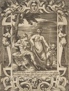 Jupiter at left in the form of a shepherd accompanied by Mnemosyne, set within an elaborate frame, 1531-76 by Giulio Bonasone