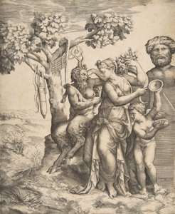 Pan at the left seated next to a standing nymph, to the right Cupid holding cymbals, 1531-76 by Giulio Bonasone