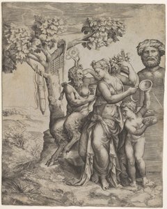 Pan Seated Near a Female Figure Holding a Cornucopia, a Nymph or Pomona by Giulio Bonasone