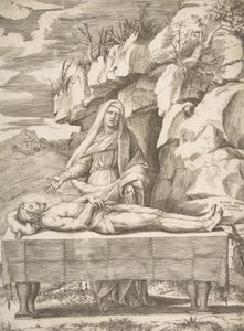 Pieta, Christ stretched out on a table in a landscape, the Virgin standing behind arms, 1531-76 by Giulio Bonasone