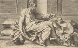 Saint Mark writing his gospel, winged lion at the right by Giulio Bonasone