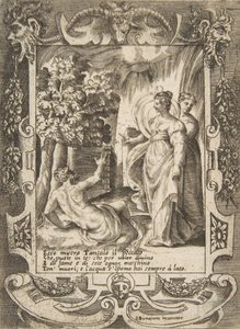 Tantalus at left speaking to Diana at right, set within an elaborate frame by Giulio Bonasone