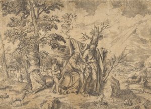 The Rest on the Flight into Egypt, Joseph at Right, the Virgin Holds the Christ Child, 1531-76 by Giulio Bonasone