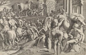 The Trojans hauling the wooden horse into Troy