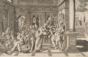 The birth of Saint John the Baptist set within a classical building by Giulio Bonasone