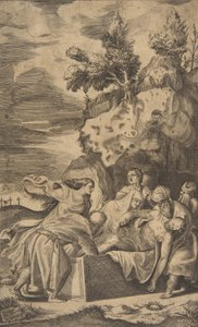 The entombment of Christ, the crosses on Calvary visible in left background by Giulio Bonasone