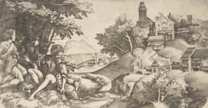 At left four shepherds with musical instruments seated under a group of trees, ca. 1517 by Giulio Campagnola