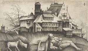 The Old Shepherd Lying in a Landscape, Buildings Behind, a Goat and a Sheep, ca. 1500-1515 by Giulio Campagnola