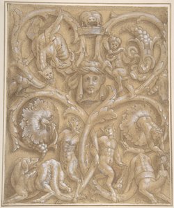 Design for an Ornamental Panel with Rinceaux, Satyrs, Putti, Monsters and a Human Head, 1535-45 by Giulio Campi.