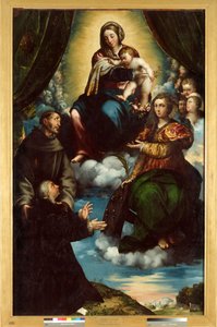 The Madonna and Child, Saint Catherine of Alexandria, Saint Francis and Pietro Martire Stampa by Giulio Campi