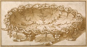 Design for an oval fruit bowl, with vine tendrils, leaves and grapes