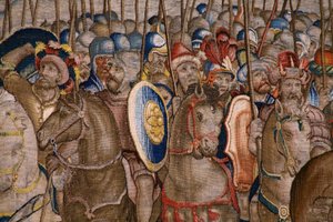 Flemish tapestry. Series The Acts of Scipio: The battle at Zama. Cartoonist Giulio Romano. Atelier of Balthasar van Vlierden (?), Brussels. 1523-1532. (detail) by Giulio Romano