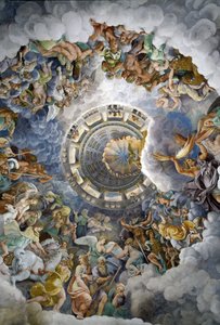 General view of the ceiling of the Hall of the Giants, Mantua: the Gods of Olympus by Giulio Romano