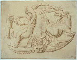 Satyr with Two Pipes and Putto and Woman Taking Drink from Tree