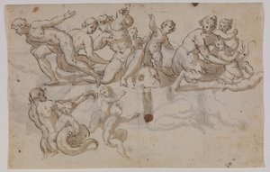 Seahorses, Tritons, and Putti Riding on Dolphins by Giuseppe Alabardi