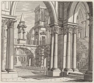 Architectural Fantasy with Buildings, Stairways, and Portals beside a Canal
