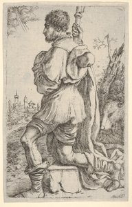 Saint Roch, kneeling on a stone, seen from the side with his dog behind him and a townsman by Giuseppe Caletti