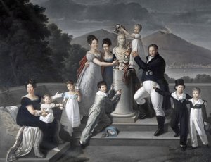 Family of King Francesco I of the Two Sicilies. From left to right: Maria Isabella di Borbone-Spain, Maria Carolina Ferdinanda, Maria Antonietta Grand Duchess di Toscana, Luisa Carlotta, Maria Cristina Queen of Spain, Ferdinand by Giuseppe Cammarano