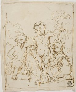 Three Putti and Dog in a Landscape