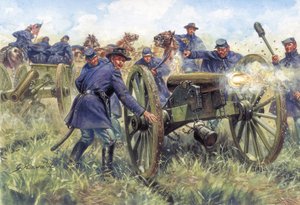 American Civil War: Soldiers of the North (Union) using a gun during a battle - Illustration by Giuseppe Rava by Giuseppe Rava