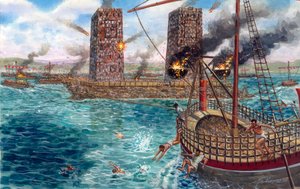 The Siege of Tyre by Alexander the Great in 332 BC during his campaigns against the Persians (illustration by Giuseppe Rava)