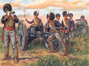 First Empire: English Artillery Soldiers Loading a Cannon at the Battle of Waterloo in 1815 by Giuseppe Rava