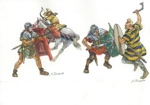 Roman Legionaries Fighting a Parthian Mounted Archer and a Frankish Warrior by Giuseppe Rava