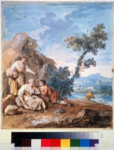 Three Peasants Resting on a River Bank