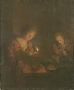 Fire and Light (A Girl Places a Candle in a Lantern and a Boy Blows on the Coals in a Chafing-Dish) by Godfried Schalcken (attributed to)