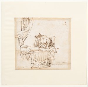 Scholar seated at a table on which rests a large book