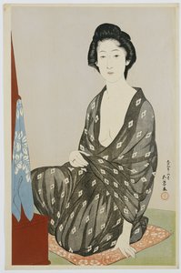 A Beauty in a Black Kimono with White Hanabishi Patterns, Seated Before a Mirror by Goyo Hashiguchi