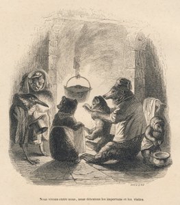 Two Visitors Annoying the Bear Family Sitting in Front of the Fireplace with a Pot Hanging from a Hook. Illustrated Vignettes by JJ Granville. Engraving signed Breviere in the section 