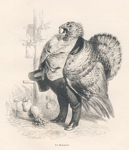 Turkey as a banker. Illustrated vignettes by JJ Granville. Engraving signed Tamisier in the section titled "Memories of an Old Crow" written by PJ Stahl in "Scenes from the Private and Public Life of Animals". Paris, J. Hetzel and Paulin by Grandville