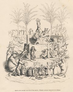 Political Speech of the Lion in a Tribune Surrounded by All the Other Animals. Illustrated Vignettes by JJ Granville. Engraving Signed Godard in the Prologue 