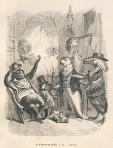 The sloth yawned as he waited. Illustrated vignettes by JJ Granville. Engraving signed Godard in the section titled "The Animal Doctors" written by Pierre Bernard in "Scenes from the Private and Public Life of Animals". Paris, J. Hetzel and Paulin by Grandville