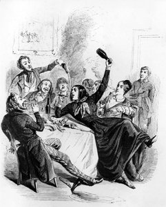 Lunch of boys from the two sexes: men and women drinking alcohol and smoking, drawing by Jean Ignace Isidore aka JJ Grandville by Grandville (1803 47)