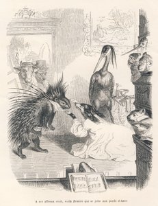 Opera with a porcupine, a dog and a heron on stage. Illustrated vignettes by JJ Granville. Engraving signed Godard in the section titled "The First Serial of Pistolet" written by Jules Janin in "Scenes from the Private and Public Life of Animals"