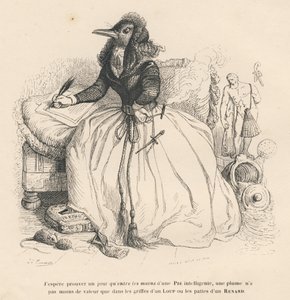 Magpie Writing with a Quill and Holding a Cigarette in a Cigarette Holder in the Other Hand. Illustrated Vignettes by JJ Granville. Engraving Signed by Andrew, Best, and Leloir in the Section 