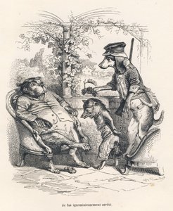 Fox Arrested by a Dog. Illustrated Vignettes by JJ Granville. Engraving Signed Godard in the Section 