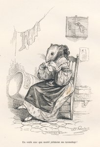 Mouse Mending a Sock. Illustrated Vignettes by JJ Granville. Engraving signed Andrew, Best and Leloir in the section 