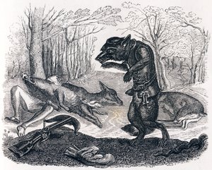The Wolf and the Hunter - Fables by La Fontaine by Grandville