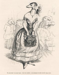 ... outside the theater, these animals are even uglier. Illustrated vignettes by JJ Granville. Engraving signed Godard in the section titled "The First Serial of Pistolet" written by Jules Janin in "Scenes from the Private and Public Life of Animals" by Grandville