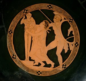Attic red-figure cup depicting Cassandra chased by Ajax seeking refuge by a xoanon of Athena, c.430 BC