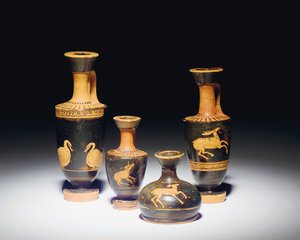 Attic red-figure lekythos, late 5th century BC, and miniature squat lekythos, 5th century BC by Greek