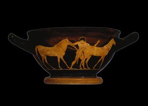 Attic Red-Figure Skyphos, Depicting Herakles and the Mares of Diomedes by Greek