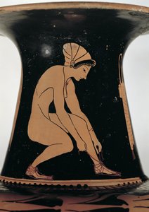 Crouching woman tying her sandal (detail)